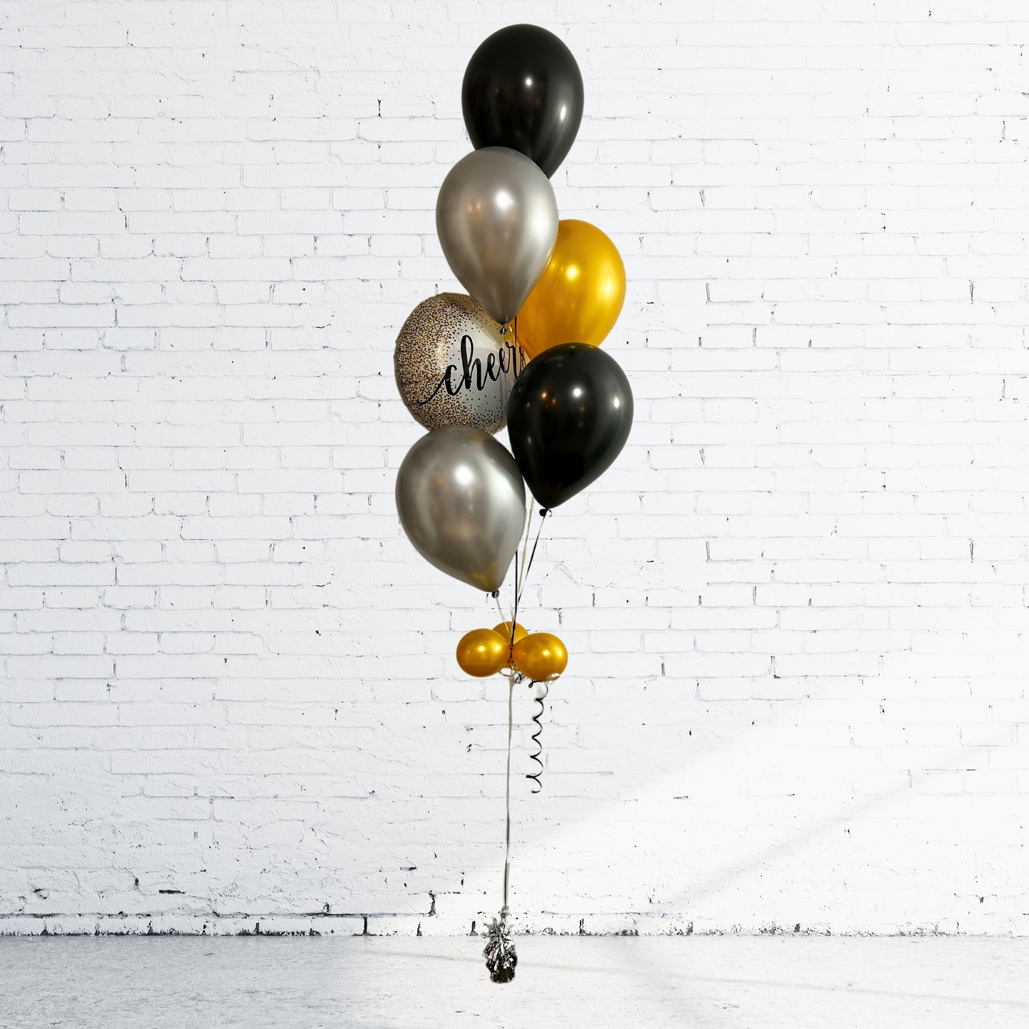 BOUQUET - BLACK AND GOLD CHAMPAGNE CHEERS BALLOONS WITH CONFETTI