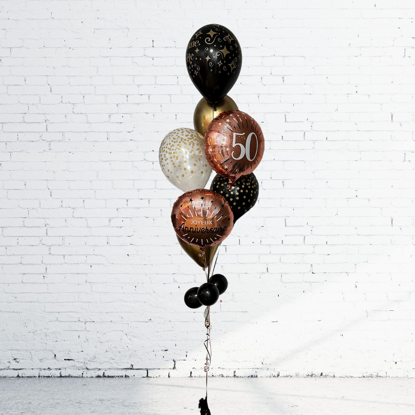 BOUQUET - BALLONS BONNE FÊTE ÉTINCELANT ROSE GOLD ET ÂGE AVEC NOIR ET OR