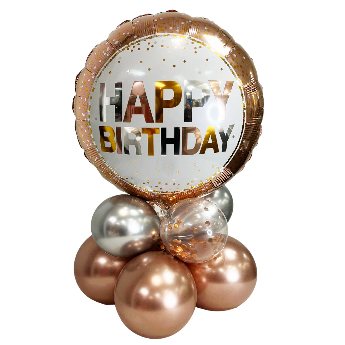 BALLOON BASE - MYLAR 18 IN. HAPPY BIRTHDAY ROSEGOLD AND SILVER