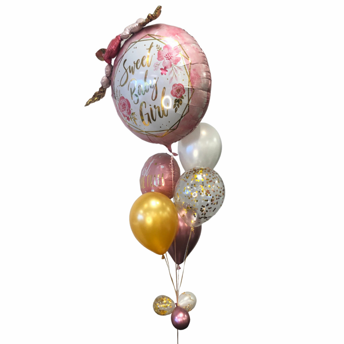 BOUQUET - BABY MYLAR BALLOONS 36 IN. PINK AND GOLD, MYLAR 18 IN. AND CONFETTI
