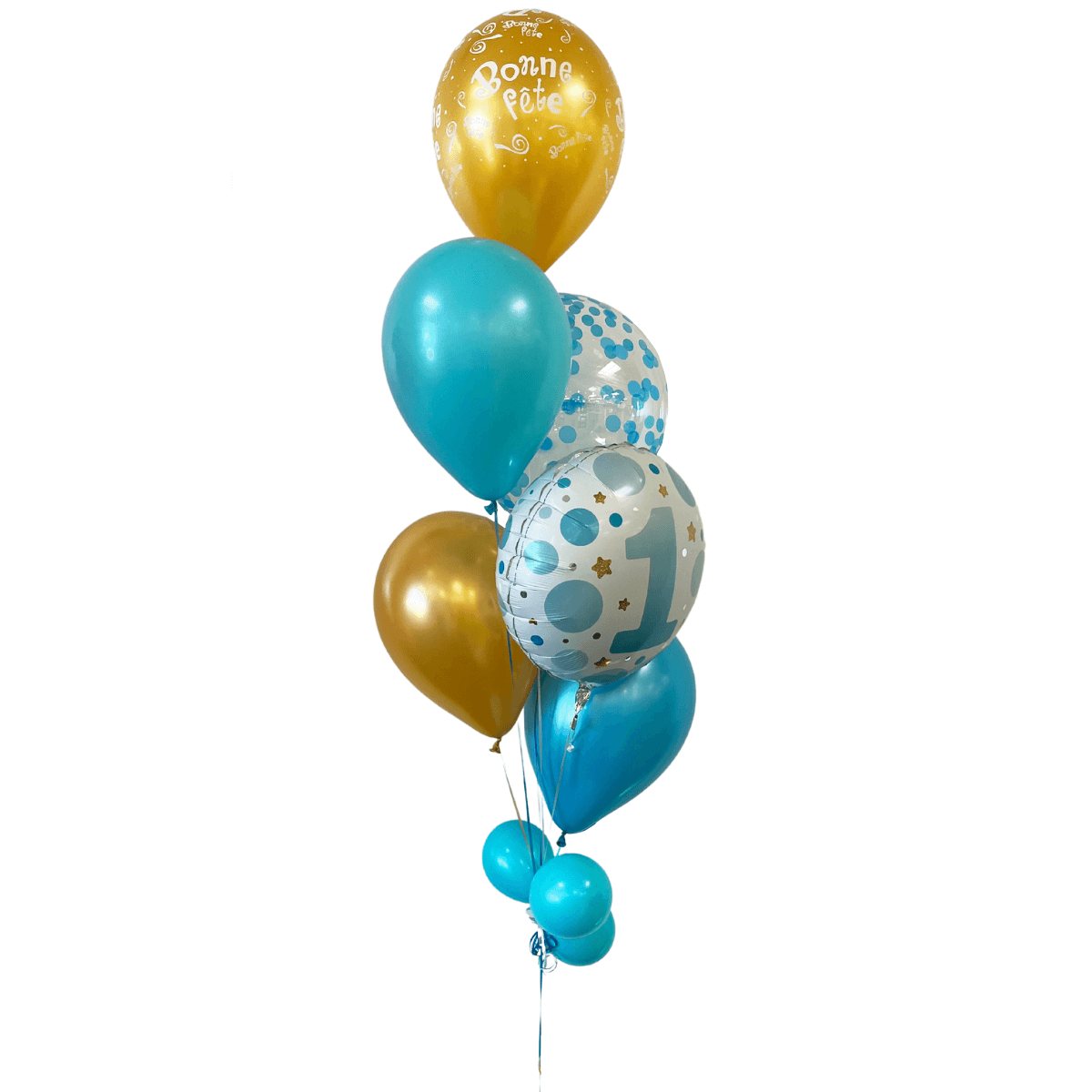 BOUQUET - BLUE AND GOLD POLKA DOT AGE CONFETTI AND MYLAR BALLOONS