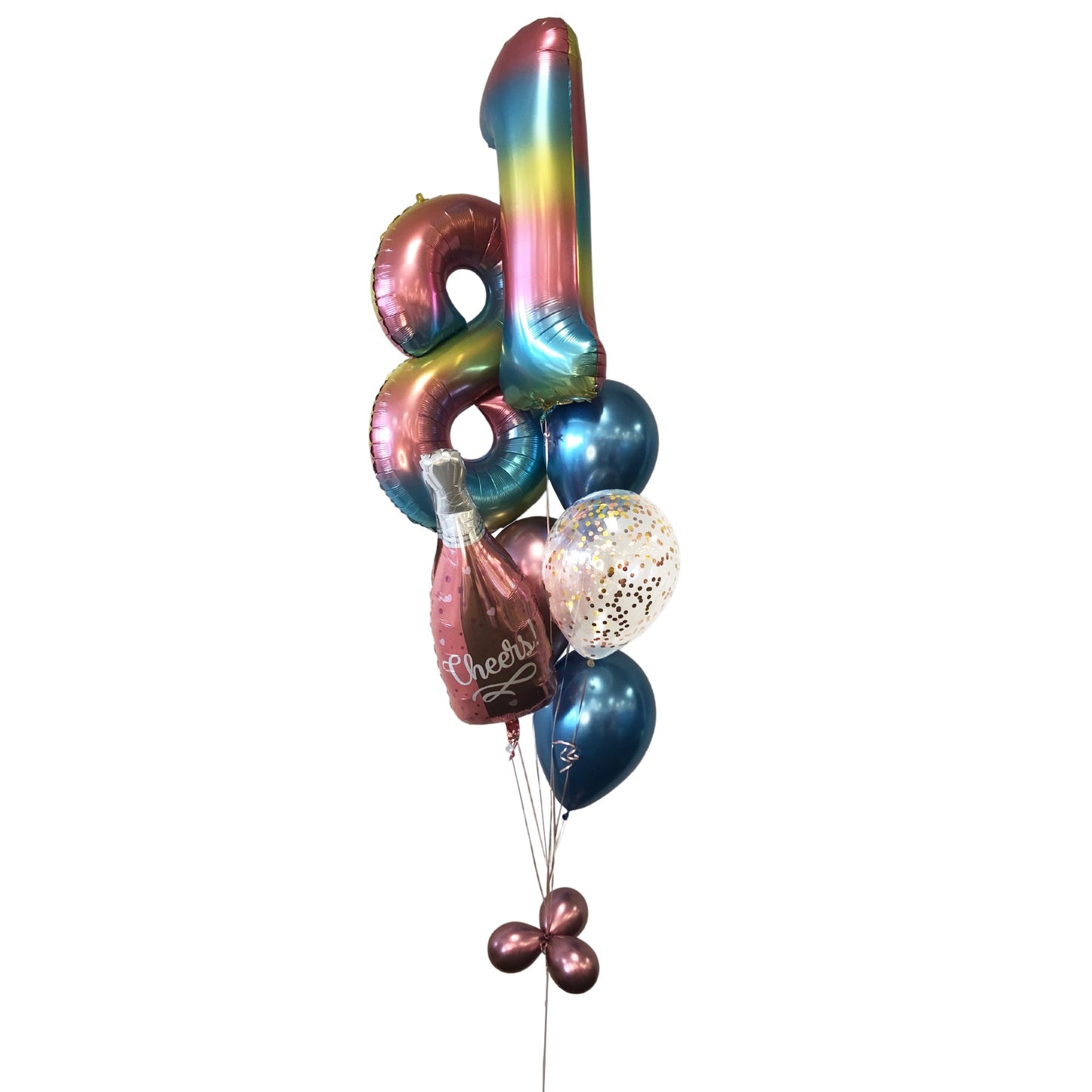 BOUQUET - BALLONS ÂGE 34 PO. ET BOUTEILLE DE CHAMPAGNE CHEERS