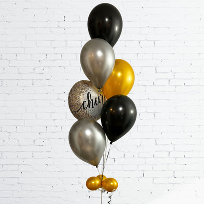 BOUQUET - BLACK AND GOLD CHAMPAGNE CHEERS BALLOONS WITH CONFETTI 