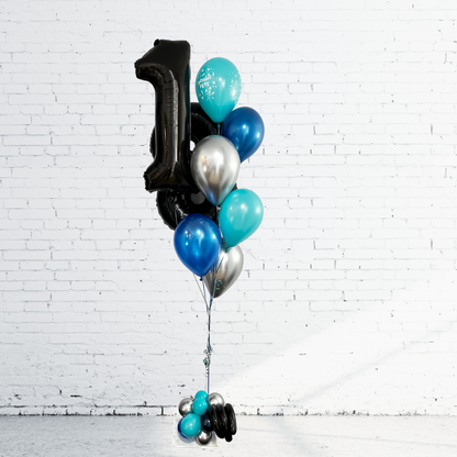 BOUQUET - BALLONS ÂGE 34 PO.NOIR, BLEU ET ARGENT SUR BASE EN BALLONS