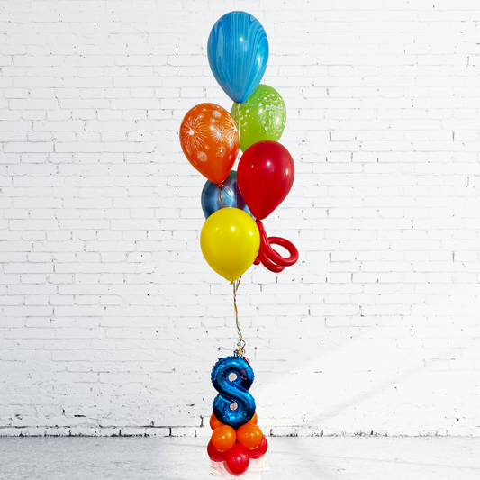 BOUQUET - BALLONS BONNE FÊTE VERT, JAUNE, BLEU SUR BASE ÂGE SIMPLE