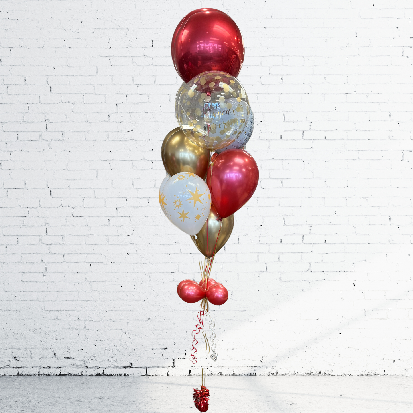 BOUQUET - BALLONS MYLAR DOUBLE ORBZ, ROUGE ET OR