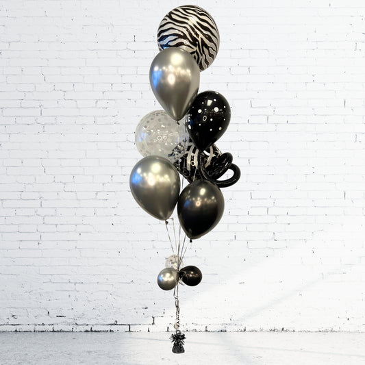 BOUQUET - BALLONS ORBZ ZEBRE, BALLONS ÂGE, ARGENT ET NOIR AVEC SERPENTIN