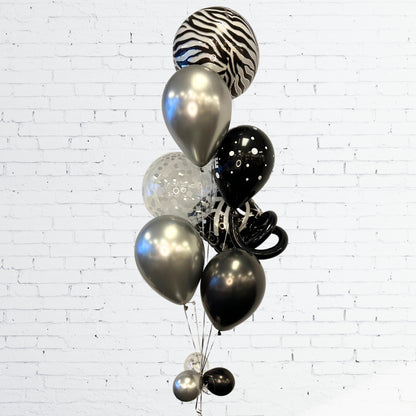 BOUQUET - BALLONS ORBZ ZEBRE, BALLONS ÂGE, ARGENT ET NOIR AVEC SERPENTIN