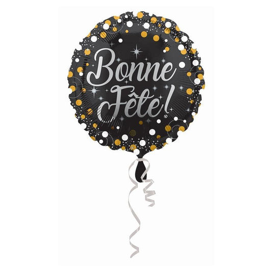 Mylar 18 po. - Bonne Fête Noir À Pois Or et Blanc