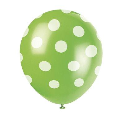 Ballons 12 po. Vert Lime et Pois Blancs 6/pqt