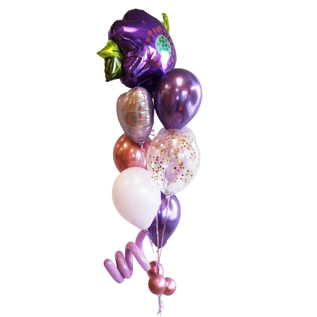 BOUQUET - CHROME BALLOONS, CONFETTI AND MYLAR FLOWER 39 IN.
